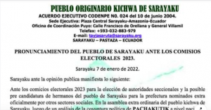 PRONUNCIAMIENTO DEL PUEBLO DE SARAYAKU ANTE LOS COMICIOS ELECTORALES 2023
